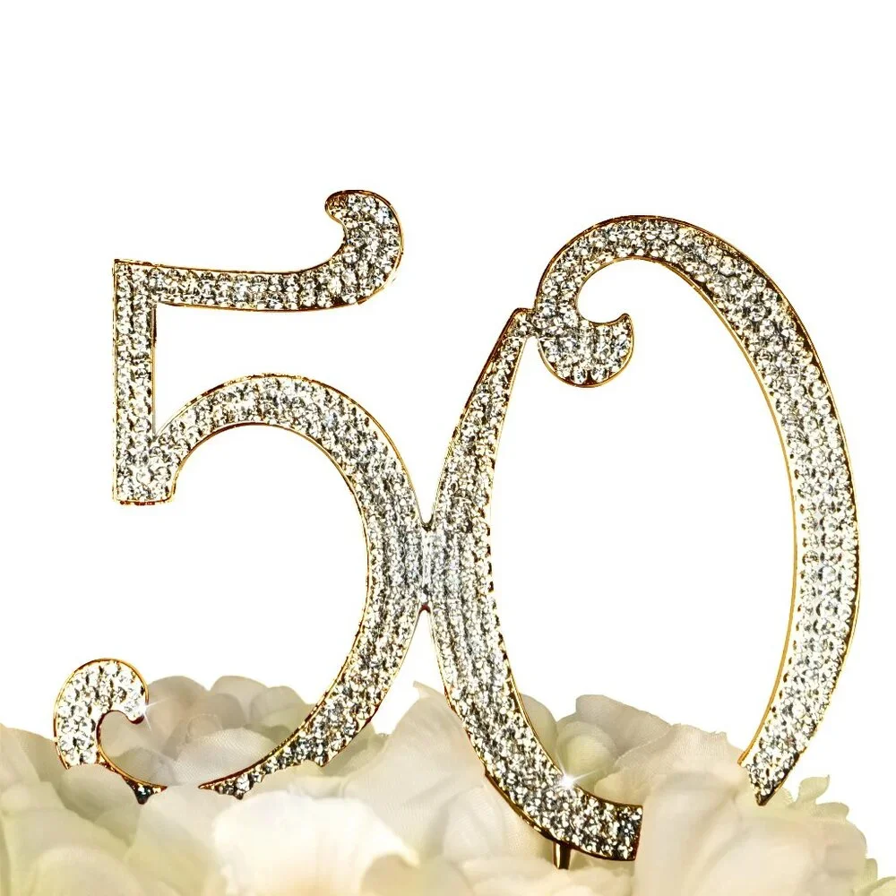 Rhinestone Cake Topper - Number 50 - Gold Metal with Czech Rhinestones